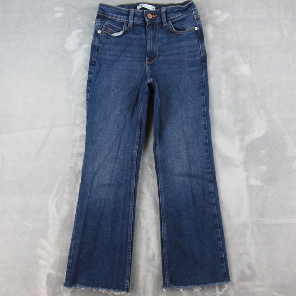Zara Z1975 High Rise‎ Cropped Flare Jeans Dark Wash Raw Hem Womens Size 2 USA 34